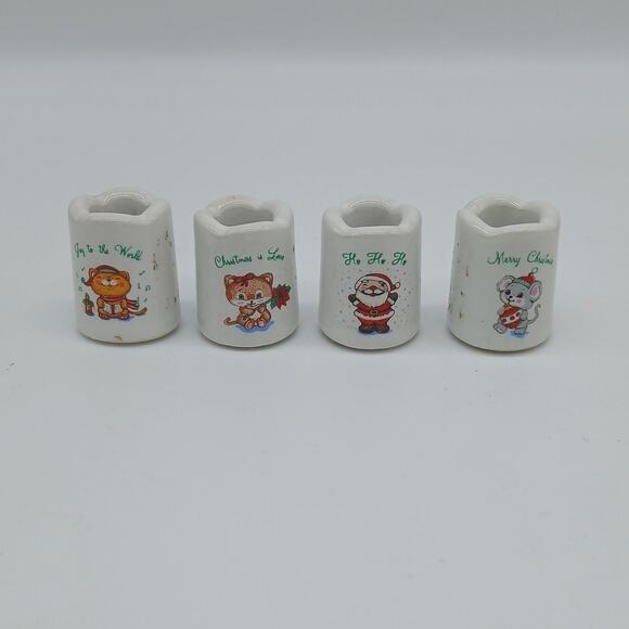 VTG Russ Ceramic Mini Taper Candle Stick Holders Set of 4 Assorted Christmas - Picture 1 of 11